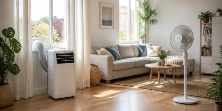 Mobiele airco en staande ventilator in een zomerse woonkamer