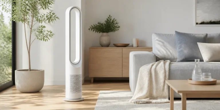 Bladloze ventilator in een lichte woonkamer