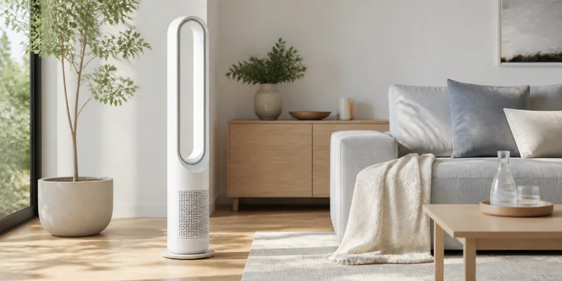 Bladloze ventilator in een lichte woonkamer