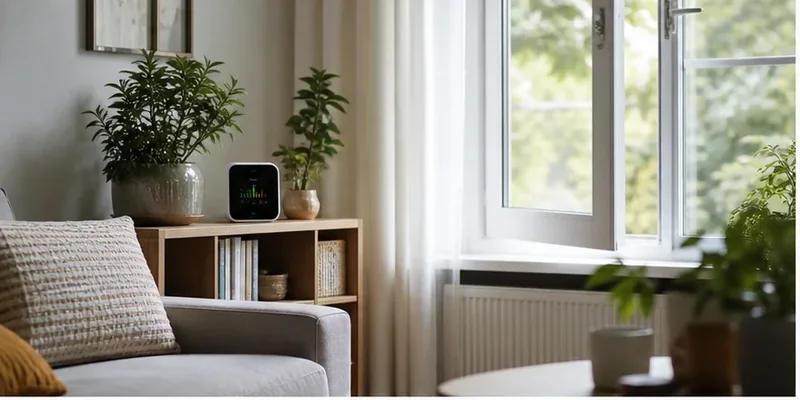 CO2-meter in een woonkamer bij een open raam