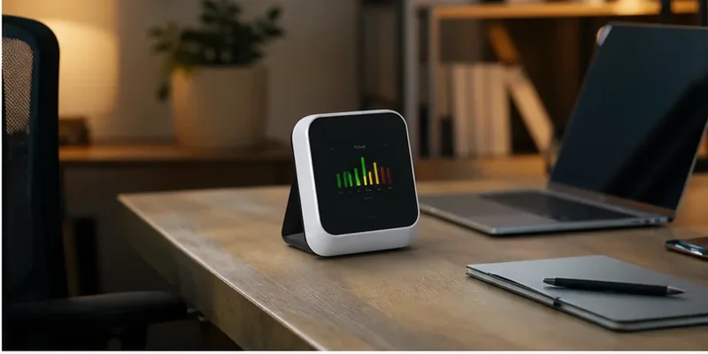CO2-meter op een thuiswerkbureau