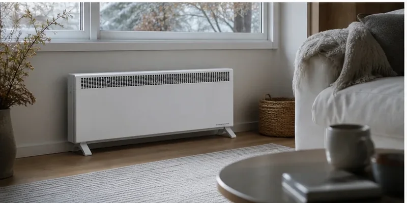 Convector kachel onder een raam in de woonkamer