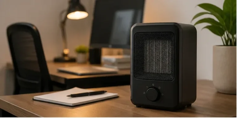 Elektrische kachel met thermostaat in een thuiswerkhoek