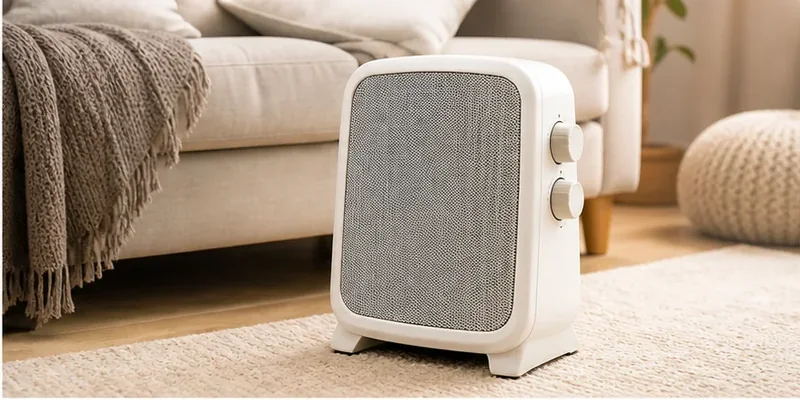 Elektrische kachel bij de bank in een woonkamer