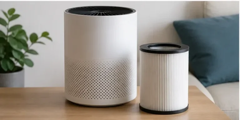 HEPA-filter naast een luchtreiniger op tafel