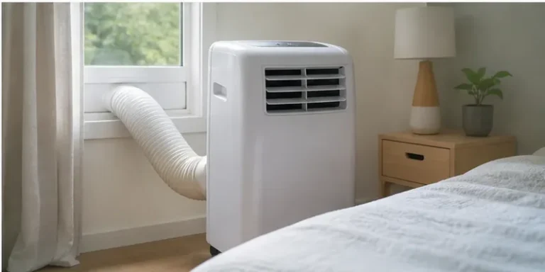 Mobiele airco met afvoerslang in een slaapkamer