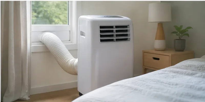 Mobiele airco met afvoerslang in een slaapkamer