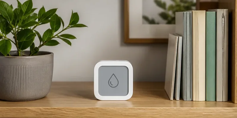 Hygrometer op een houten plank naast planten