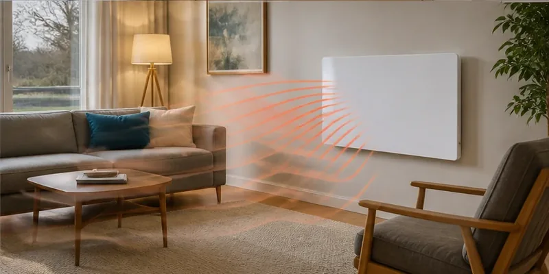 Infraroodpaneel met gerichte warmtezone in woonkamer