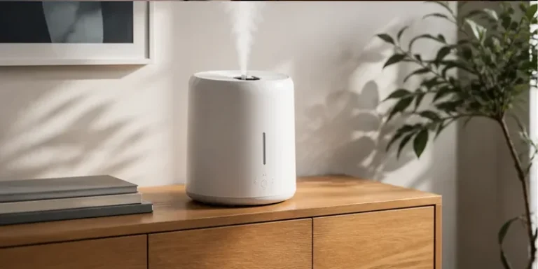 Luchtbevochtiger op een houten dressoir