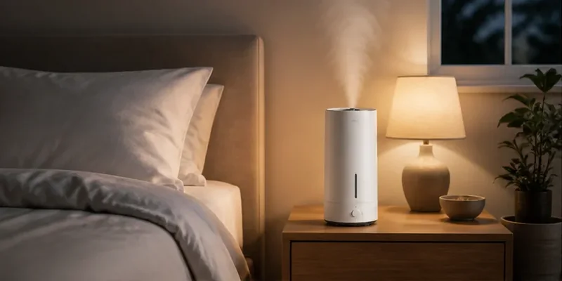Luchtbevochtiger op een nachtkastje in de slaapkamer