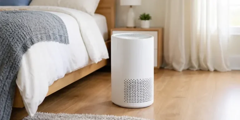Luchtreiniger naast het bed in een slaapkamer