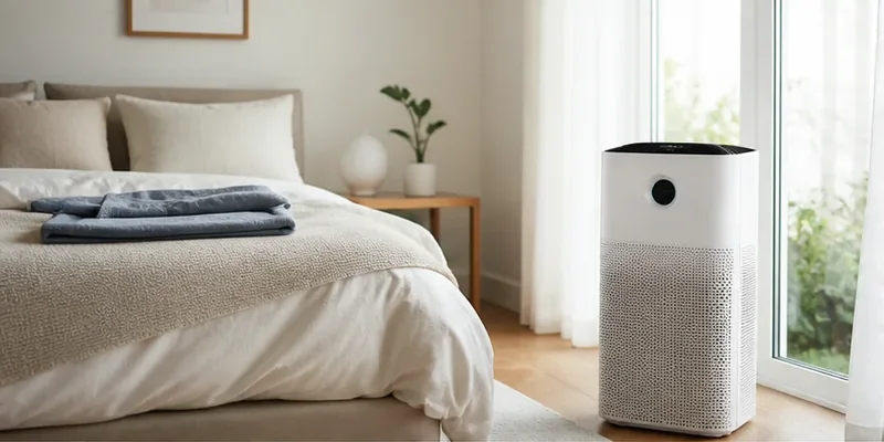 Luchtreiniger in een frisse slaapkamer tegen stof en allergenen