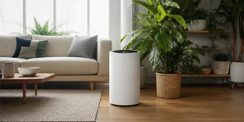 Luchtreiniger in een moderne woonkamer met planten