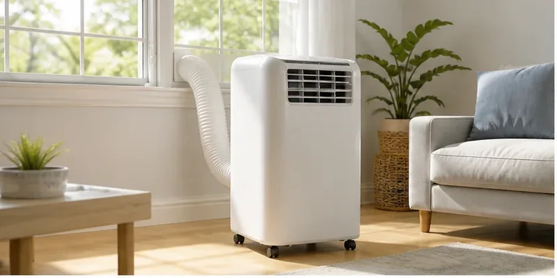 Mobiele airco met afvoerslang in een lichte woonkamer