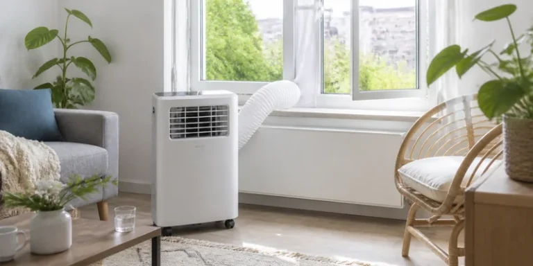 Mobiele airco in een lichte woonkamer met raamafdichting