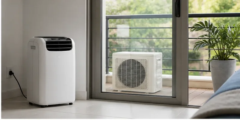Mobiele split-airco met buitendeel op balkon