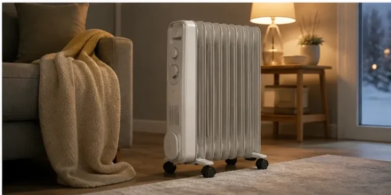 Oliegevulde radiator naast de bank in de winter