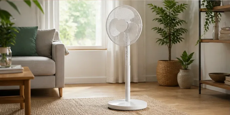 Staande ventilator in een zomerse woonkamer