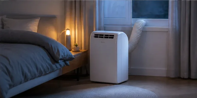 Stille mobiele airco in een slaapkamer in de avond