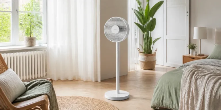 Ventilator in een lichte slaapkamer
